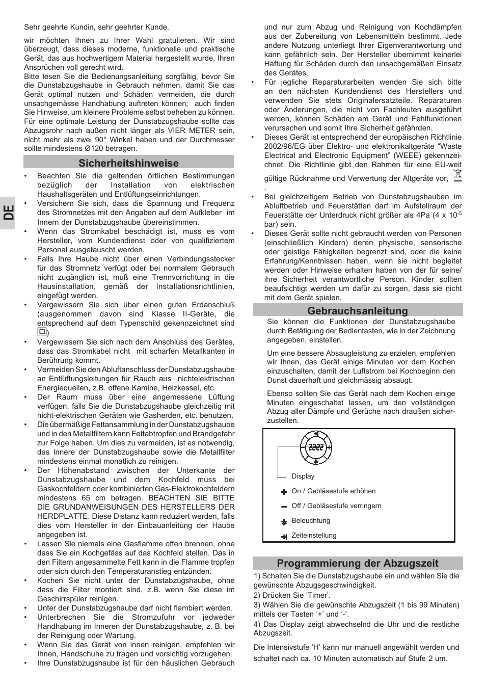 Sicherheitshinweise, Gebrauchsanleitung, Programmierung der abzugszeit | Teka DVL 90 User Manual | Page 8 / 40