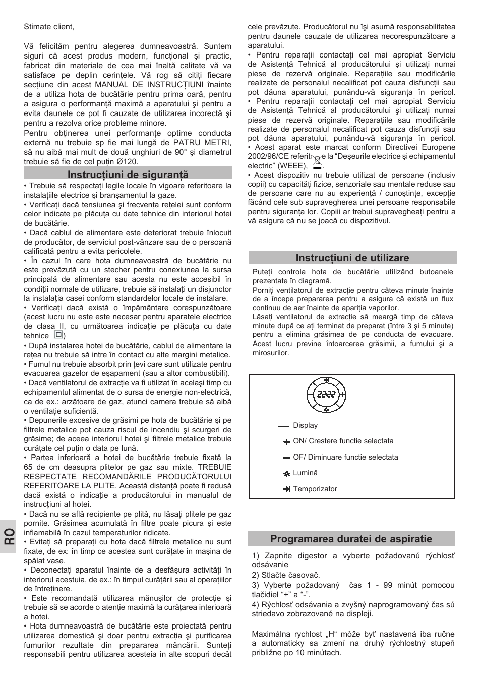 Instrucţiuni de siguranţă, Instrucţiuni de utilizare, Programarea duratei de aspiratie | Teka DPL 90 STAINLESS STEEL User Manual | Page 32 / 40