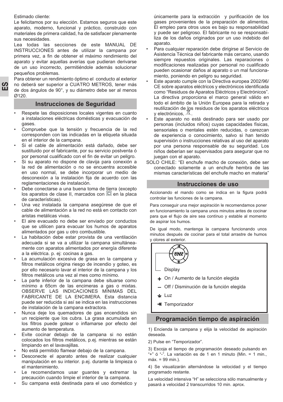 Instrucciones de seguridad, Instrucciones de uso, Programación tiempo de aspiración | Teka DPL 90 STAINLESS STEEL User Manual | Page 6 / 40