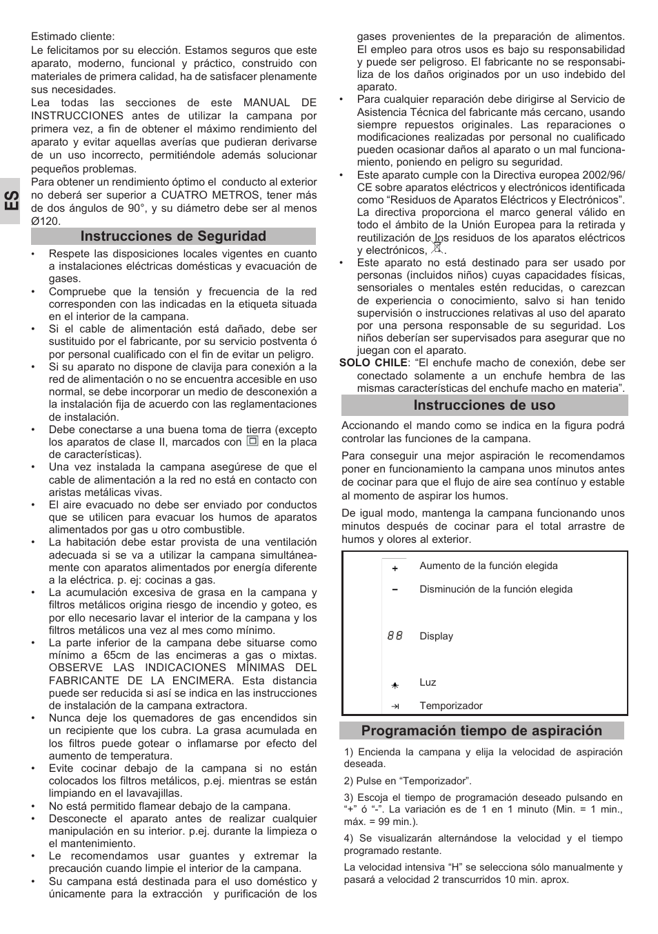 Instrucciones de seguridad, Instrucciones de uso, Programación tiempo de aspiración | Teka CC-40 STAINLESS STEEL User Manual | Page 10 / 44