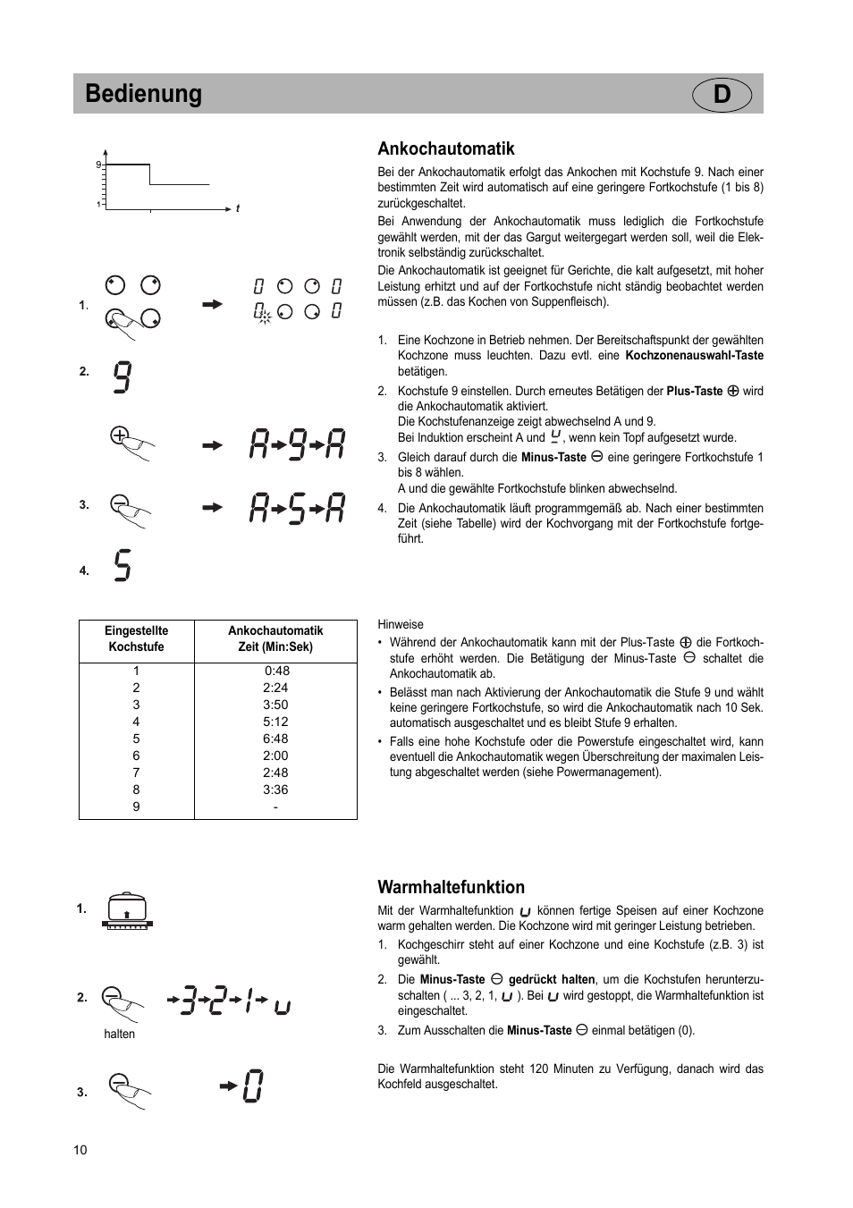 Bedienung d, Ankochautomatik, Warmhaltefunktion | Teka GKST 95 N i4 Select User Manual | Page 10 / 113