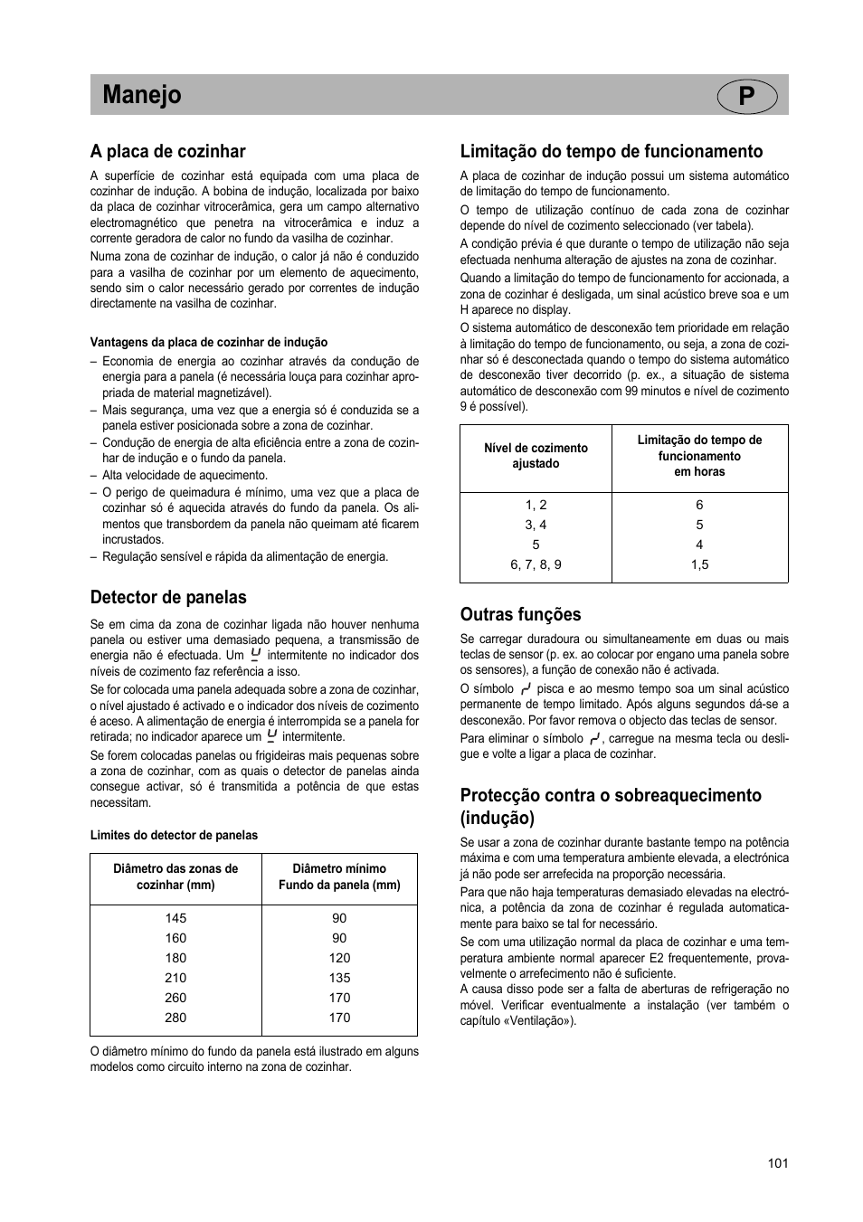 Manejo p, A placa de cozinhar, Detector de panelas | Limitação do tempo de funcionamento, Outras funções, Protecção contra o sobreaquecimento (indução) | Teka GKST 95 N i4 Select User Manual | Page 101 / 113