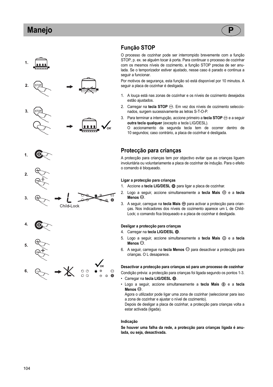 Manejo p, Função stop, Protecção para crianças | Teka GKST 95 N i4 Select User Manual | Page 104 / 113