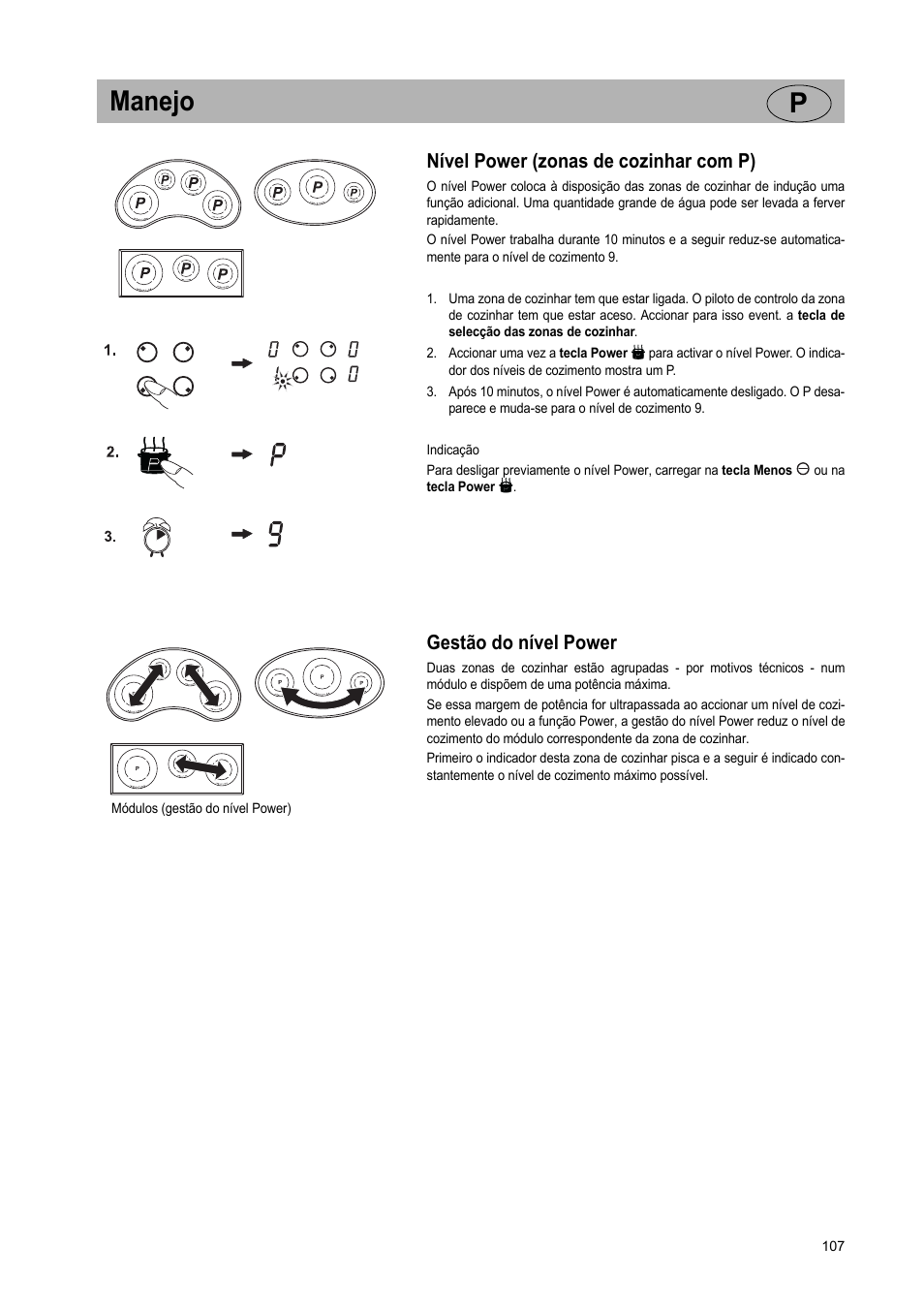Manejo p, Nível power (zonas de cozinhar com p), Gestão do nível power | Teka GKST 95 N i4 Select User Manual | Page 107 / 113
