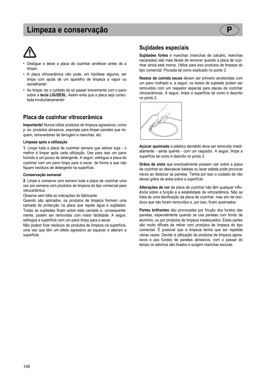 Limpeza e conservação p, Placa de cozinhar vitrocerâmica, Sujidades especiais | Teka GKST 95 N i4 Select User Manual | Page 108 / 113