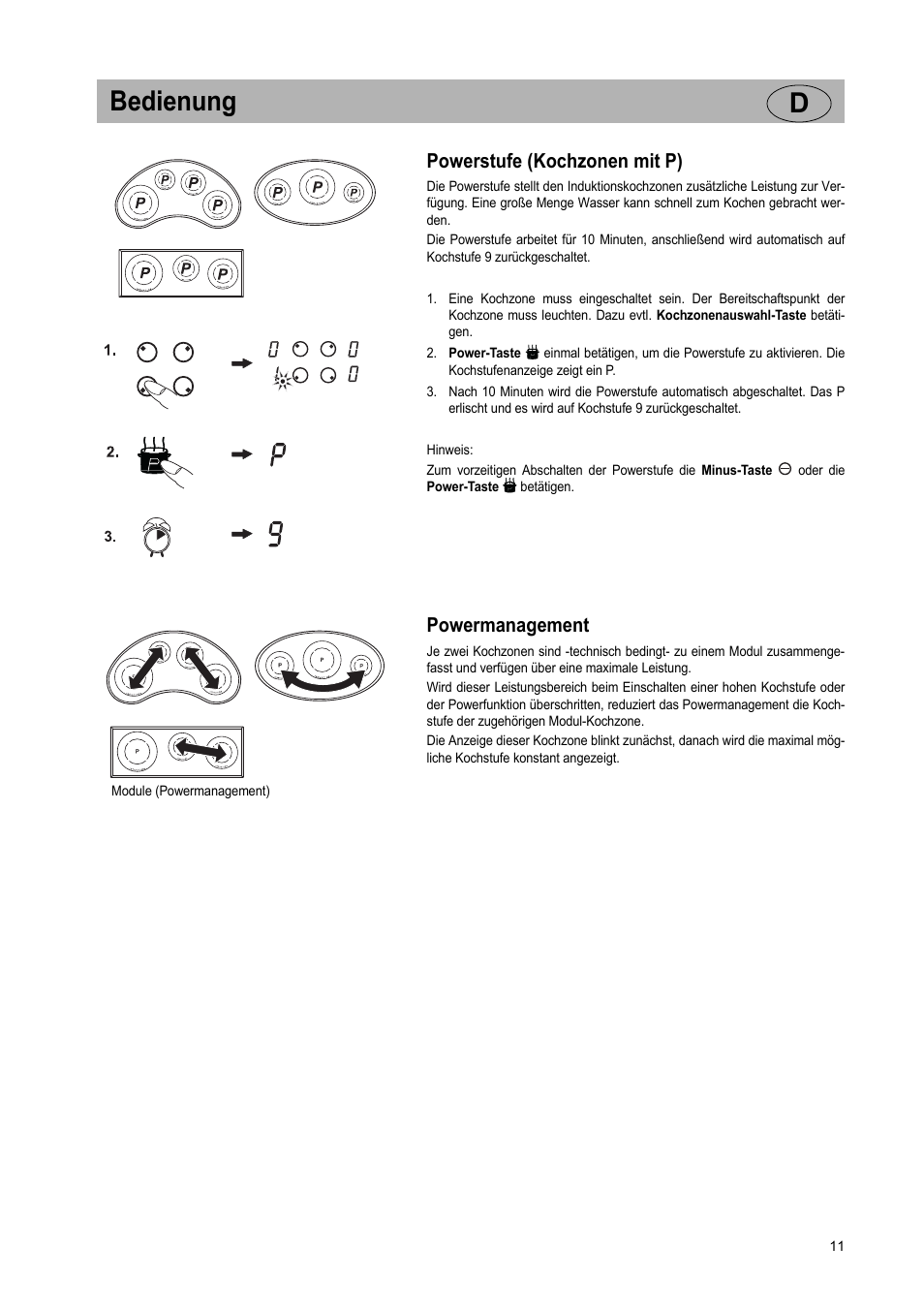 Bedienung d, Powerstufe (kochzonen mit p), Powermanagement | Teka GKST 95 N i4 Select User Manual | Page 11 / 113