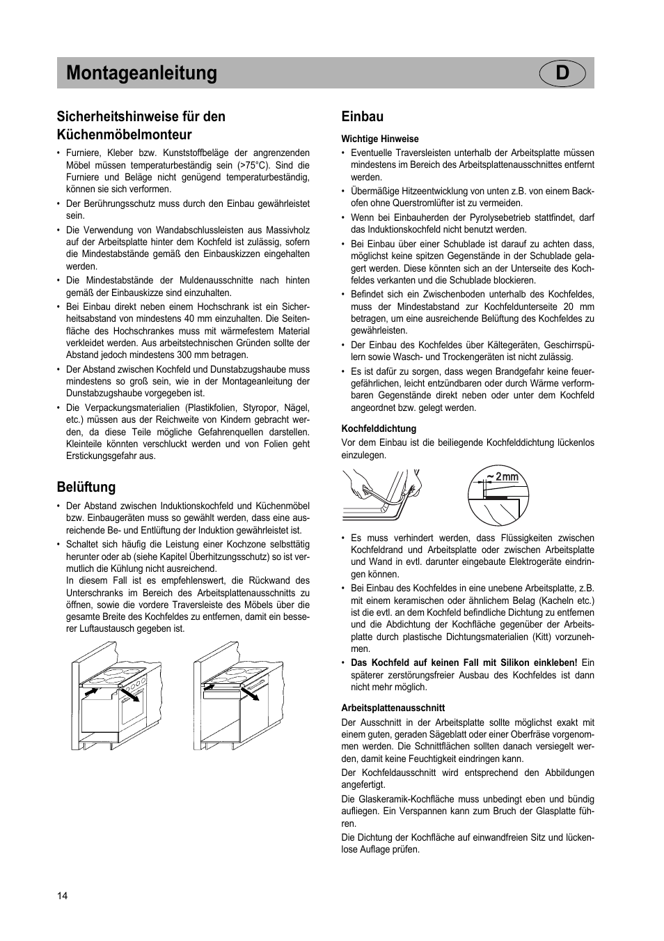 Montageanleitung d, Sicherheitshinweise für den küchenmöbelmonteur, Belüftung | Einbau | Teka GKST 95 N i4 Select User Manual | Page 14 / 113