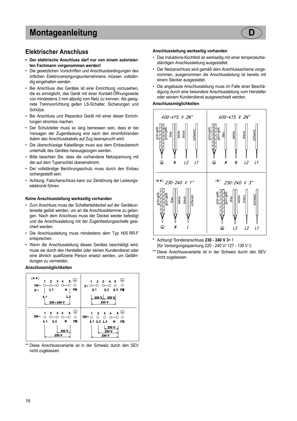 Montageanleitung d, Elektrischer anschluss | Teka GKST 95 N i4 Select User Manual | Page 16 / 113