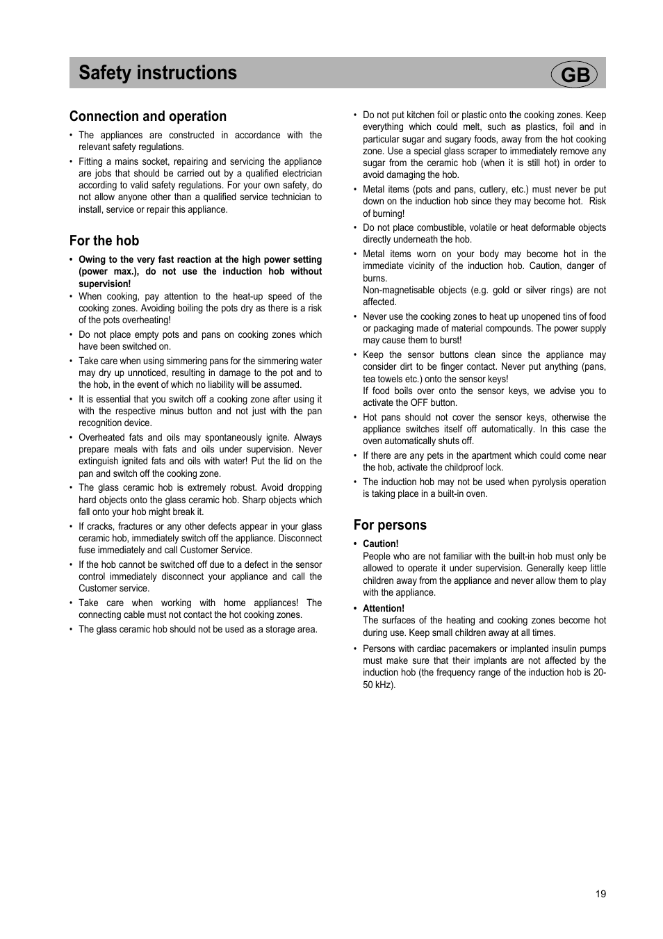 Safety instructions gb, Connection and operation, For the hob | For persons | Teka GKST 95 N i4 Select User Manual | Page 19 / 113