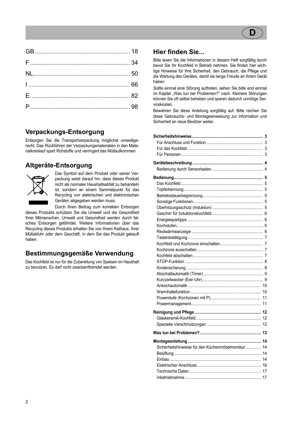 Verpackungs-entsorgung, Altgeräte-entsorgung, Bestimmungsgemäße verwendung | Hier finden sie | Teka GKST 95 N i4 Select User Manual | Page 2 / 113