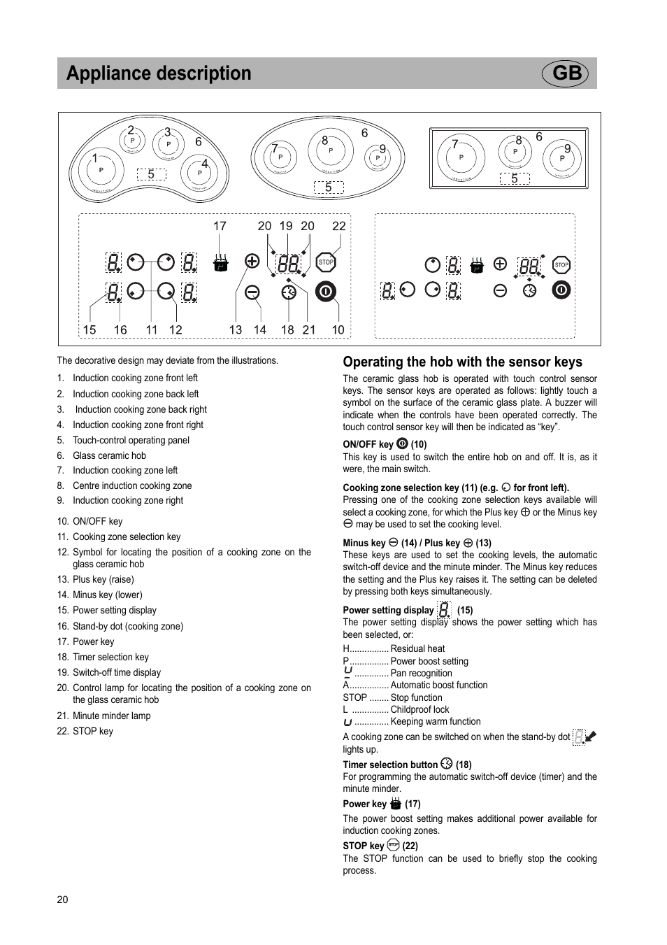 Appliance description gb, Operating the hob with the sensor keys | Teka GKST 95 N i4 Select User Manual | Page 20 / 113