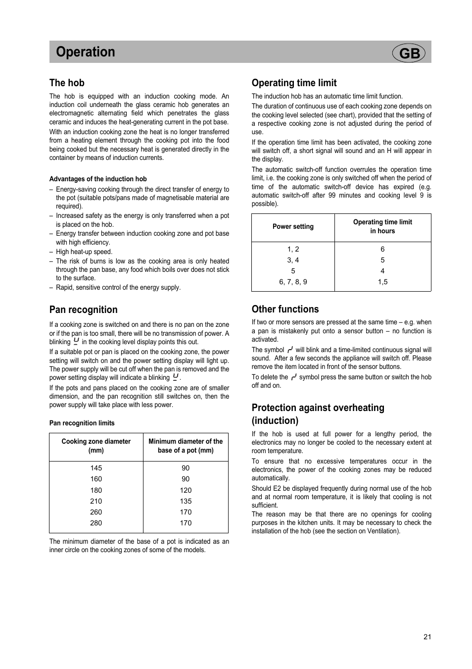 Operation gb, The hob, Pan recognition | Operating time limit, Other functions, Protection against overheating (induction) | Teka GKST 95 N i4 Select User Manual | Page 21 / 113