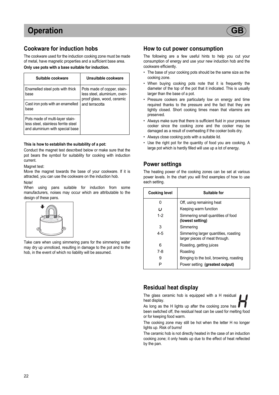 Operation gb, Cookware for induction hobs, How to cut power consumption | Power settings, Residual heat display | Teka GKST 95 N i4 Select User Manual | Page 22 / 113