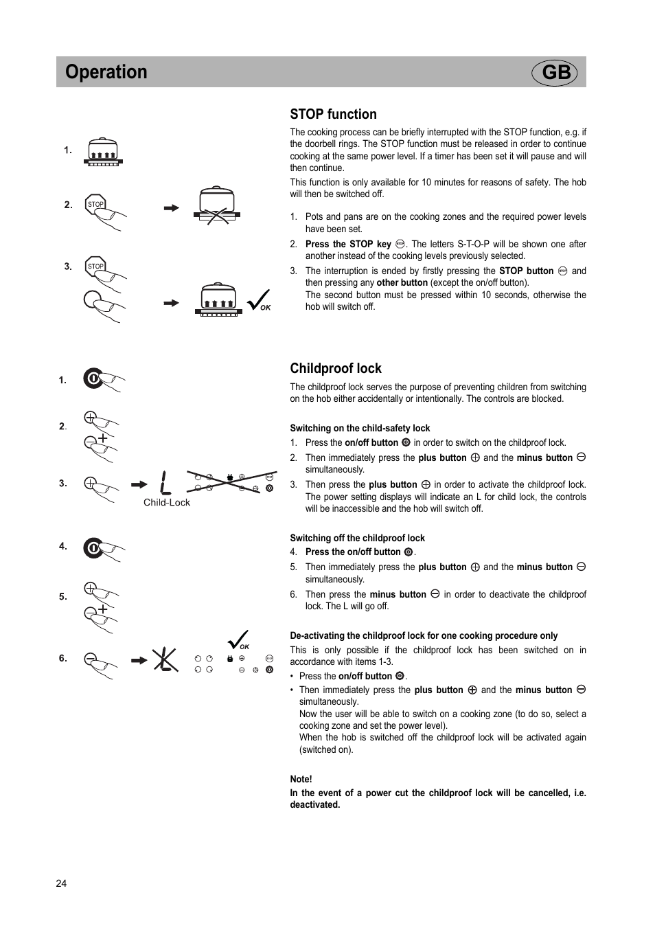 Operation gb, Stop function, Childproof lock | Teka GKST 95 N i4 Select User Manual | Page 24 / 113