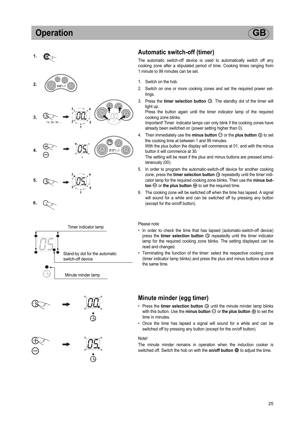 Operation gb, Automatic switch-off (timer), Minute minder (egg timer) | Teka GKST 95 N i4 Select User Manual | Page 25 / 113