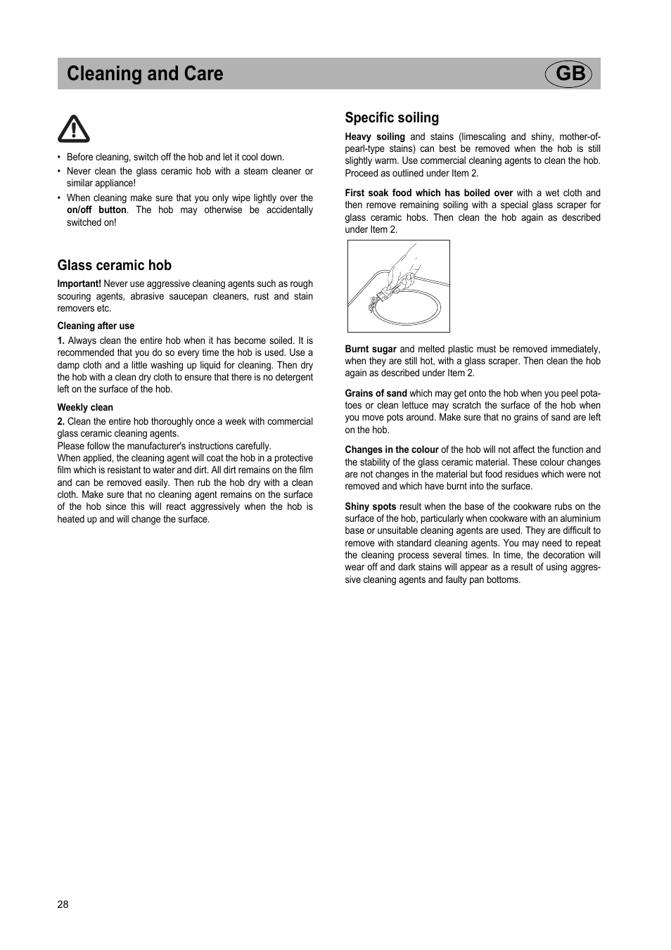 Cleaning and care gb, Glass ceramic hob, Specific soiling | Teka GKST 95 N i4 Select User Manual | Page 28 / 113