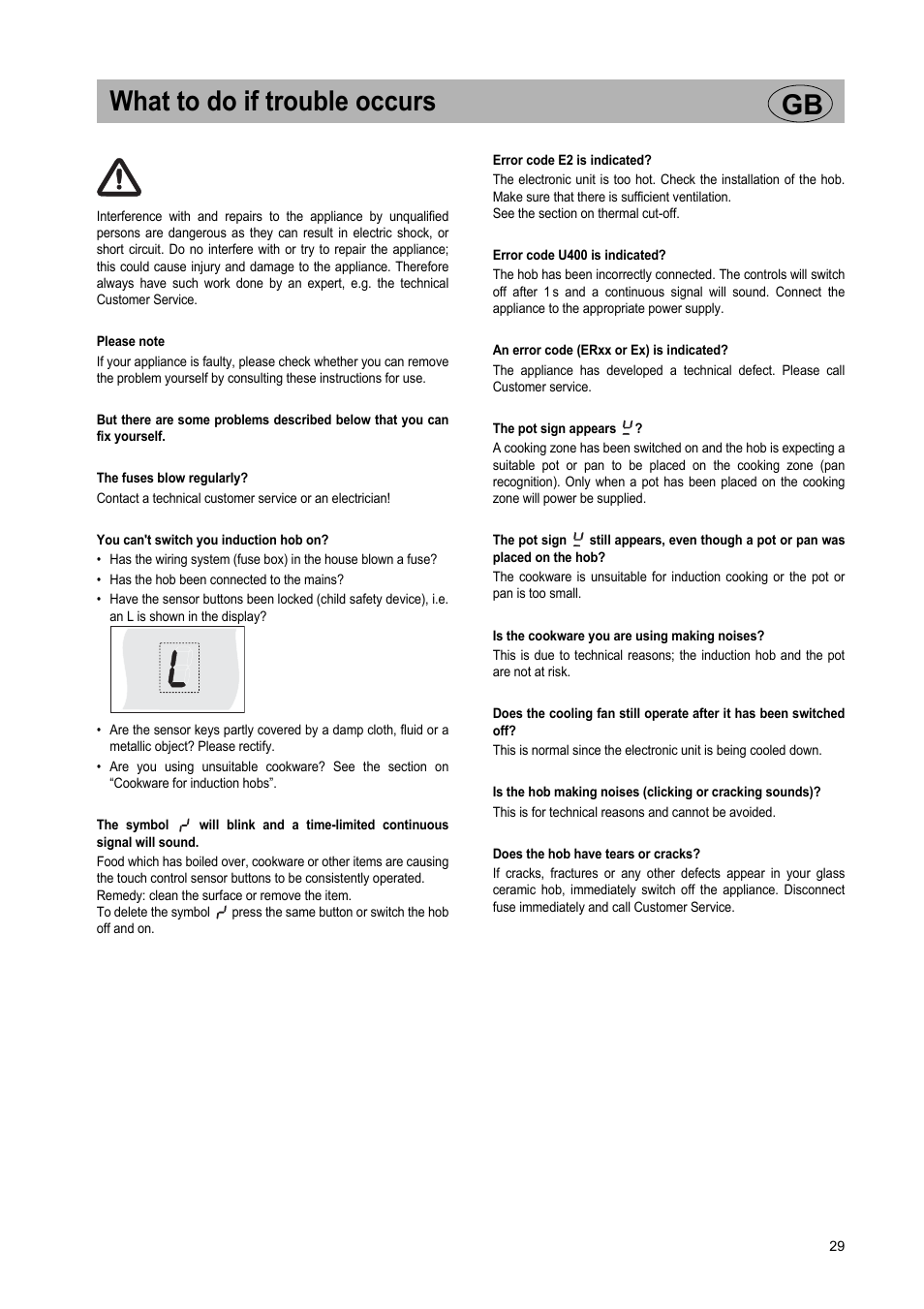 What to do if trouble occurs gb | Teka GKST 95 N i4 Select User Manual | Page 29 / 113