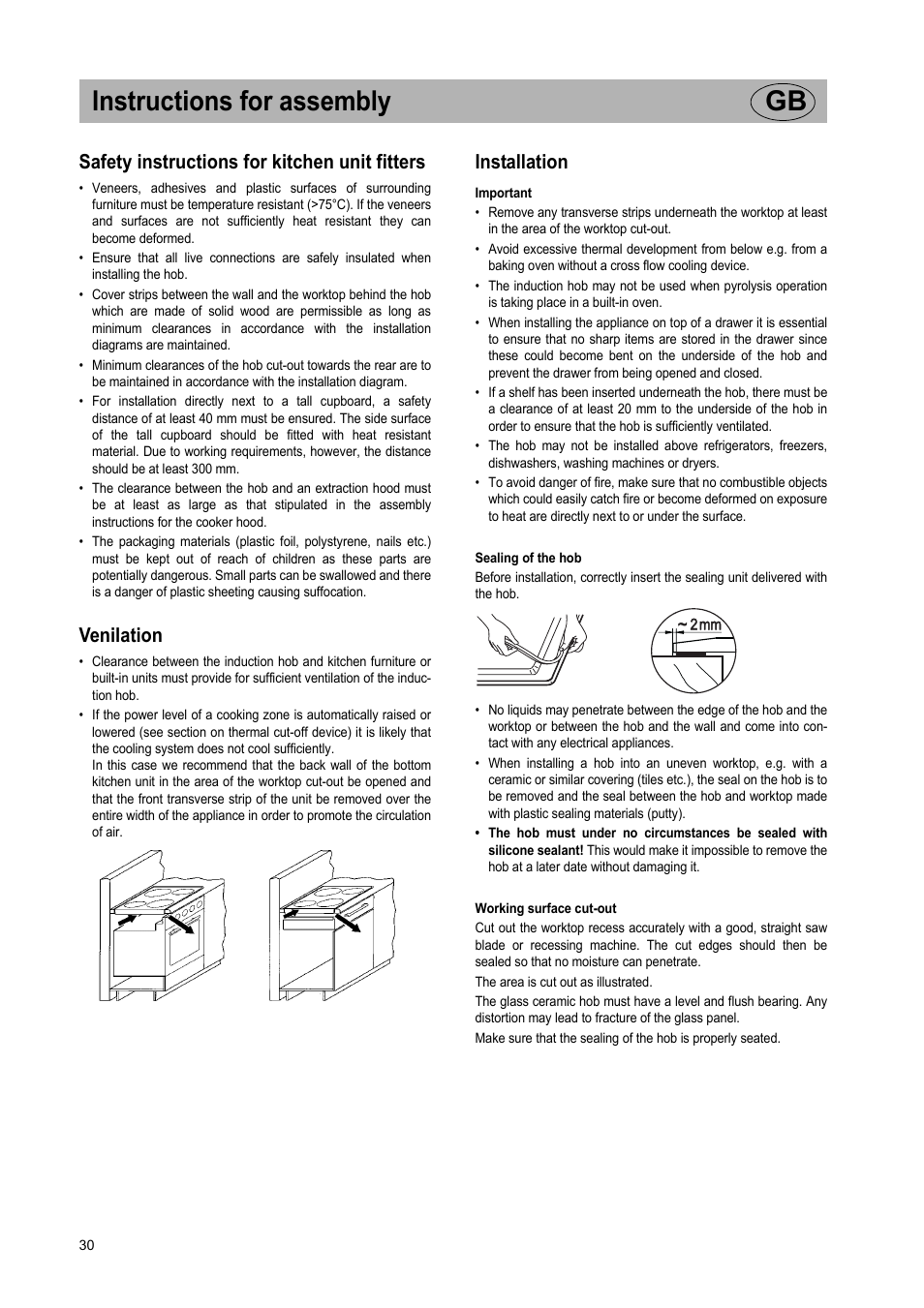 Instructions for assembly gb, Safety instructions for kitchen unit fitters, Venilation | Installation | Teka GKST 95 N i4 Select User Manual | Page 30 / 113