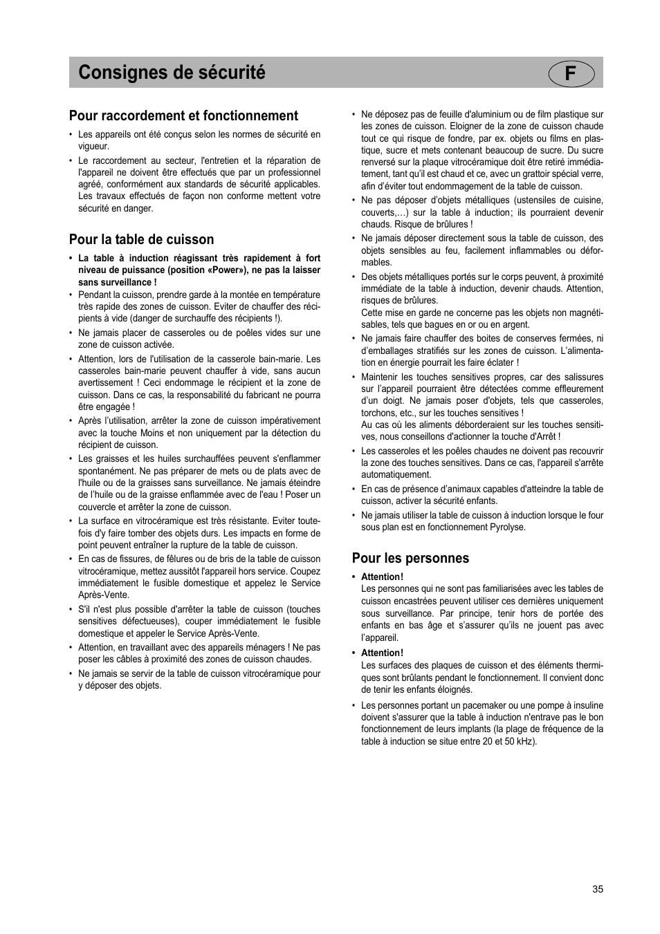Consignes de sécurité f, Pour raccordement et fonctionnement, Pour la table de cuisson | Pour les personnes | Teka GKST 95 N i4 Select User Manual | Page 35 / 113