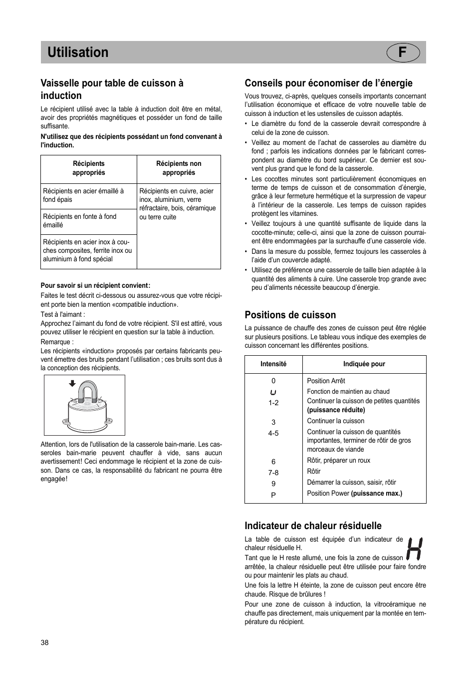 Utilisation f, Vaisselle pour table de cuisson à induction, Conseils pour économiser de l’énergie | Positions de cuisson, Indicateur de chaleur résiduelle | Teka GKST 95 N i4 Select User Manual | Page 38 / 113