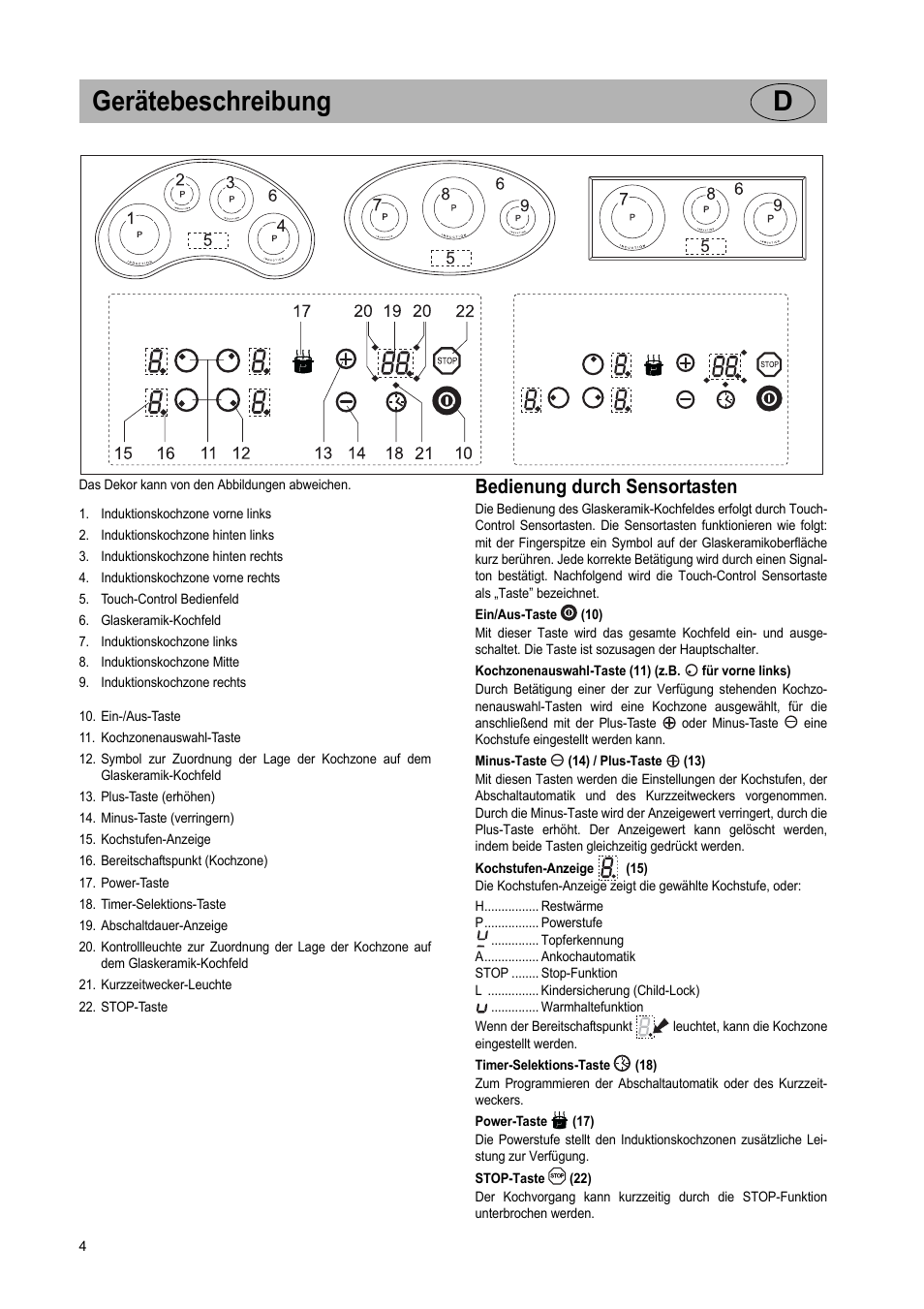 Gerätebeschreibung d, Bedienung durch sensortasten | Teka GKST 95 N i4 Select User Manual | Page 4 / 113