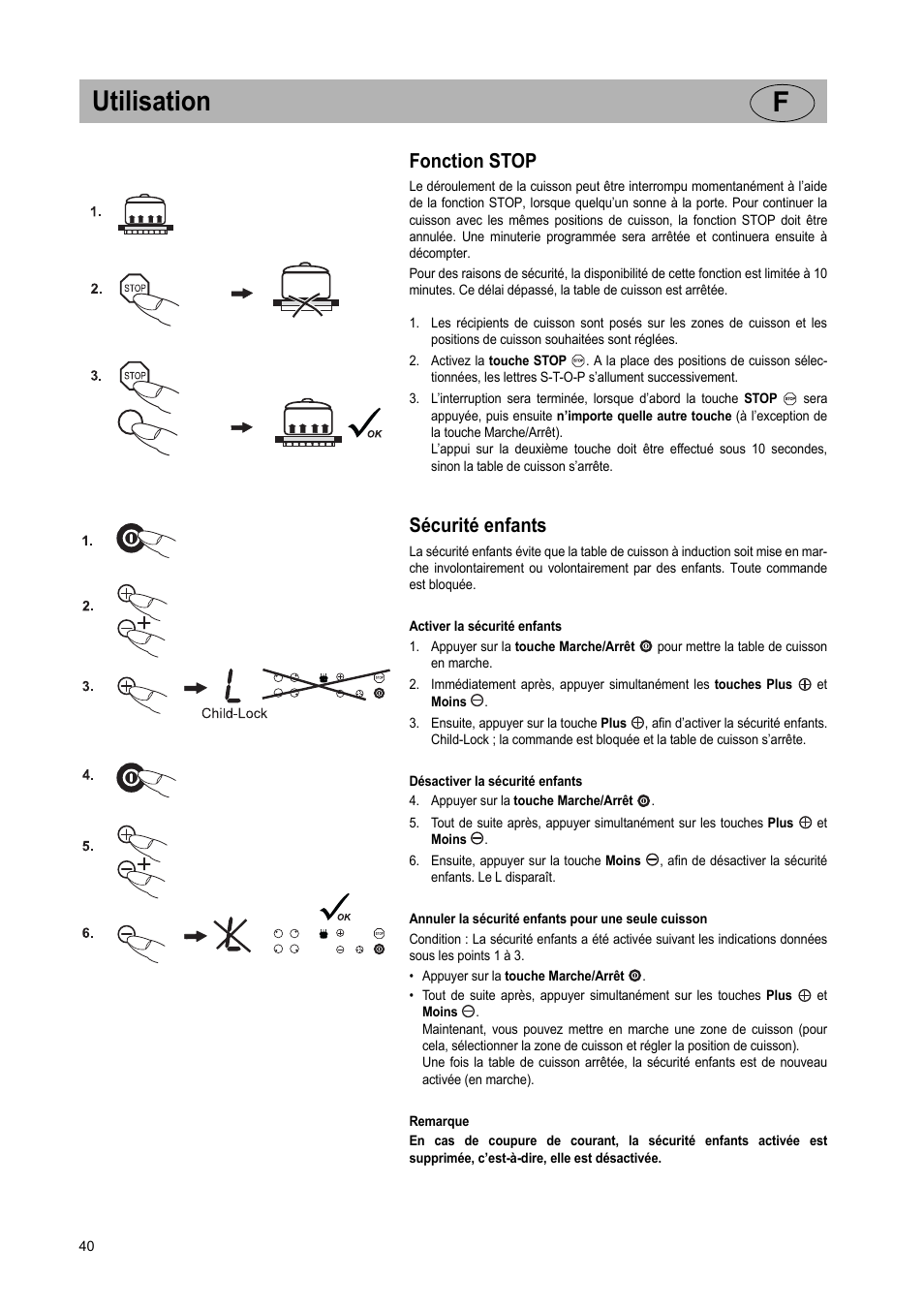 Utilisation f, Fonction stop, Sécurité enfants | Teka GKST 95 N i4 Select User Manual | Page 40 / 113