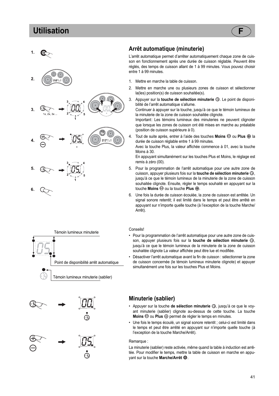 Utilisation f, Arrêt automatique (minuterie), Minuterie (sablier) | Teka GKST 95 N i4 Select User Manual | Page 41 / 113