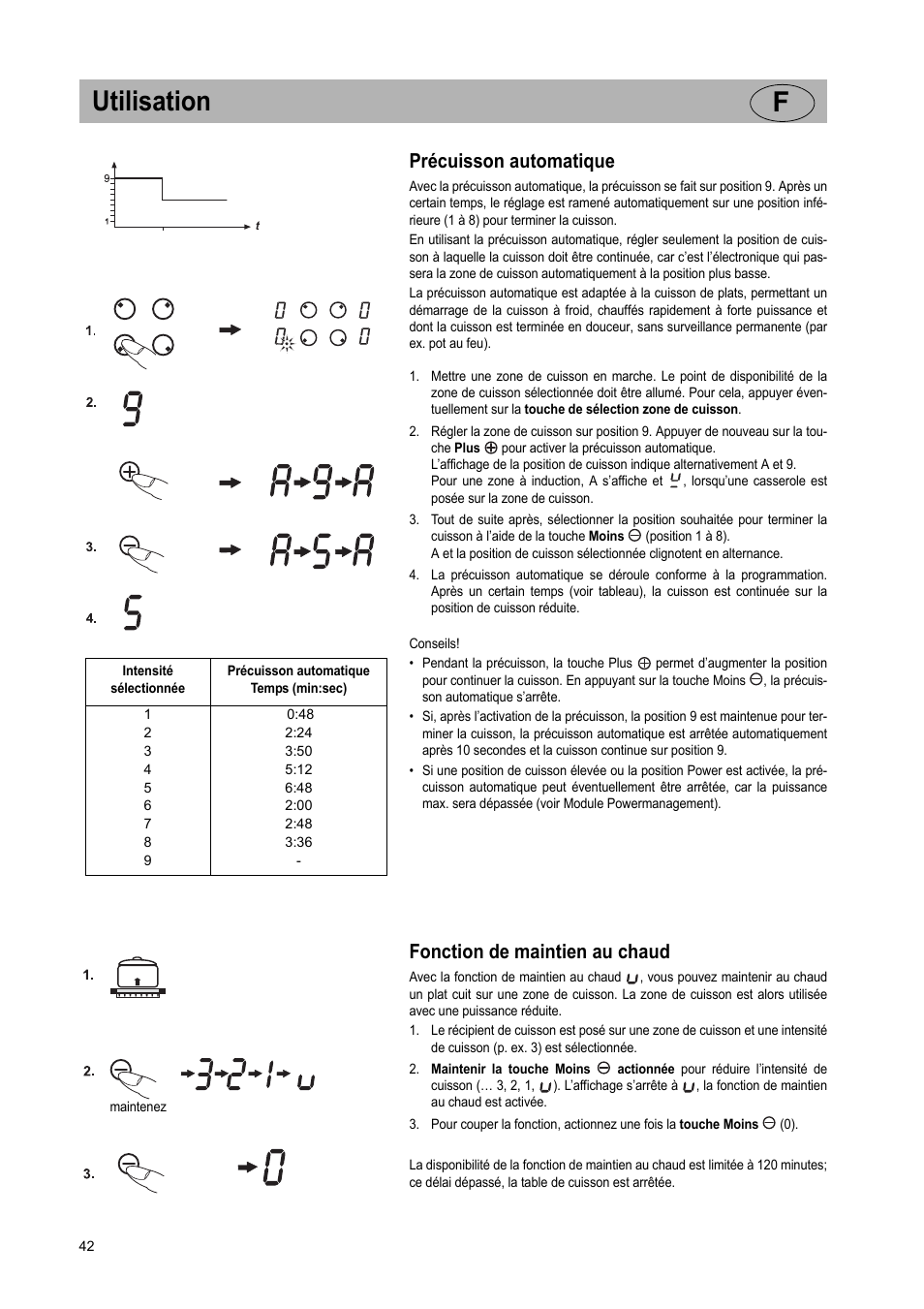 Utilisation f, Précuisson automatique, Fonction de maintien au chaud | Teka GKST 95 N i4 Select User Manual | Page 42 / 113