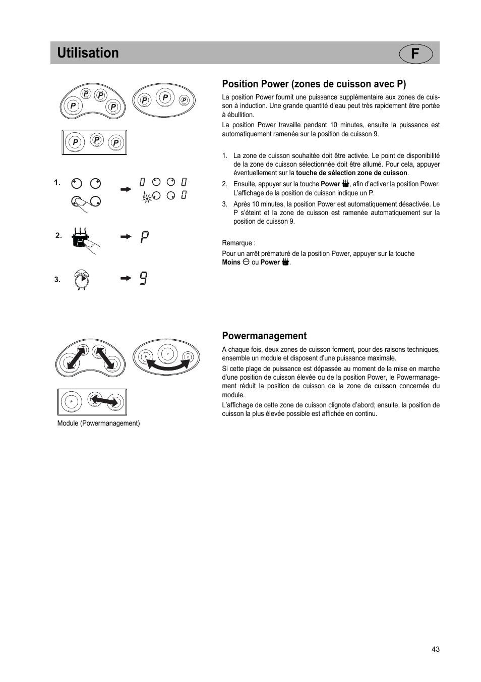 Utilisation f, Position power (zones de cuisson avec p), Powermanagement | Teka GKST 95 N i4 Select User Manual | Page 43 / 113