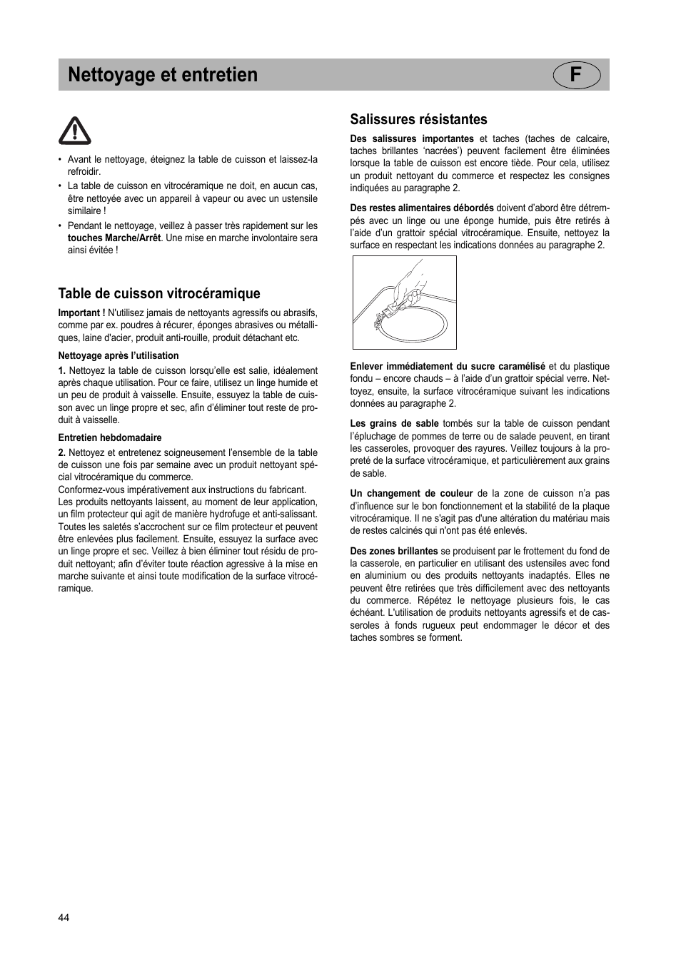 Nettoyage et entretien f, Table de cuisson vitrocéramique, Salissures résistantes | Teka GKST 95 N i4 Select User Manual | Page 44 / 113