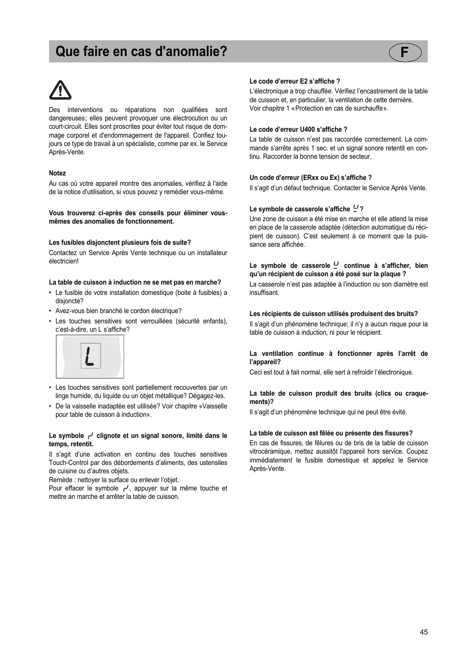 Que faire en cas d'anomalie? f | Teka GKST 95 N i4 Select User Manual | Page 45 / 113