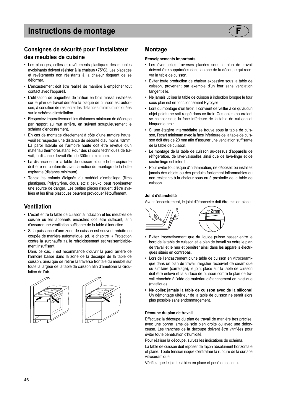 Instructions de montage f, Ventilation, Montage | Teka GKST 95 N i4 Select User Manual | Page 46 / 113