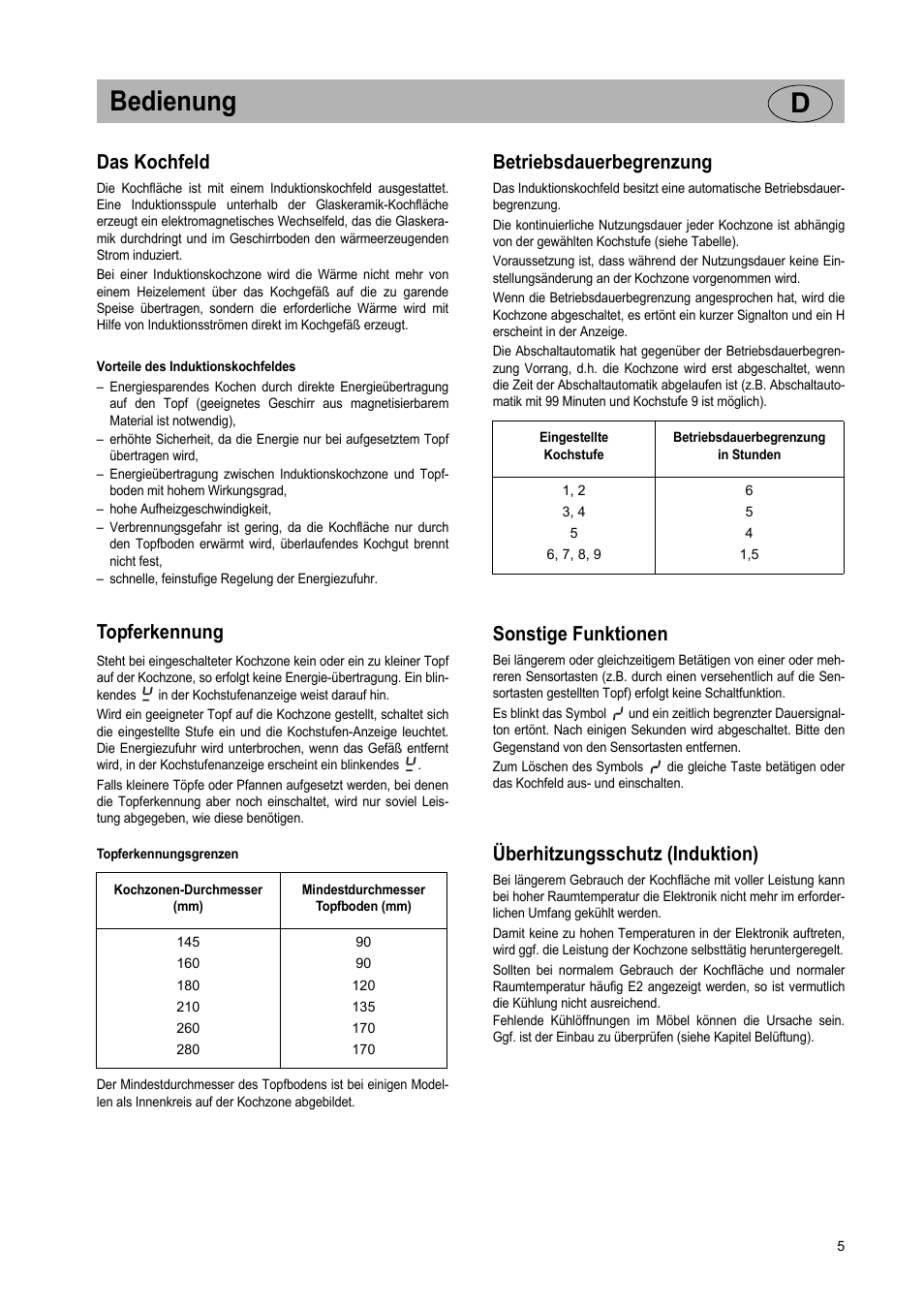 Bedienung d, Das kochfeld, Topferkennung | Betriebsdauerbegrenzung, Sonstige funktionen, Überhitzungsschutz (induktion) | Teka GKST 95 N i4 Select User Manual | Page 5 / 113