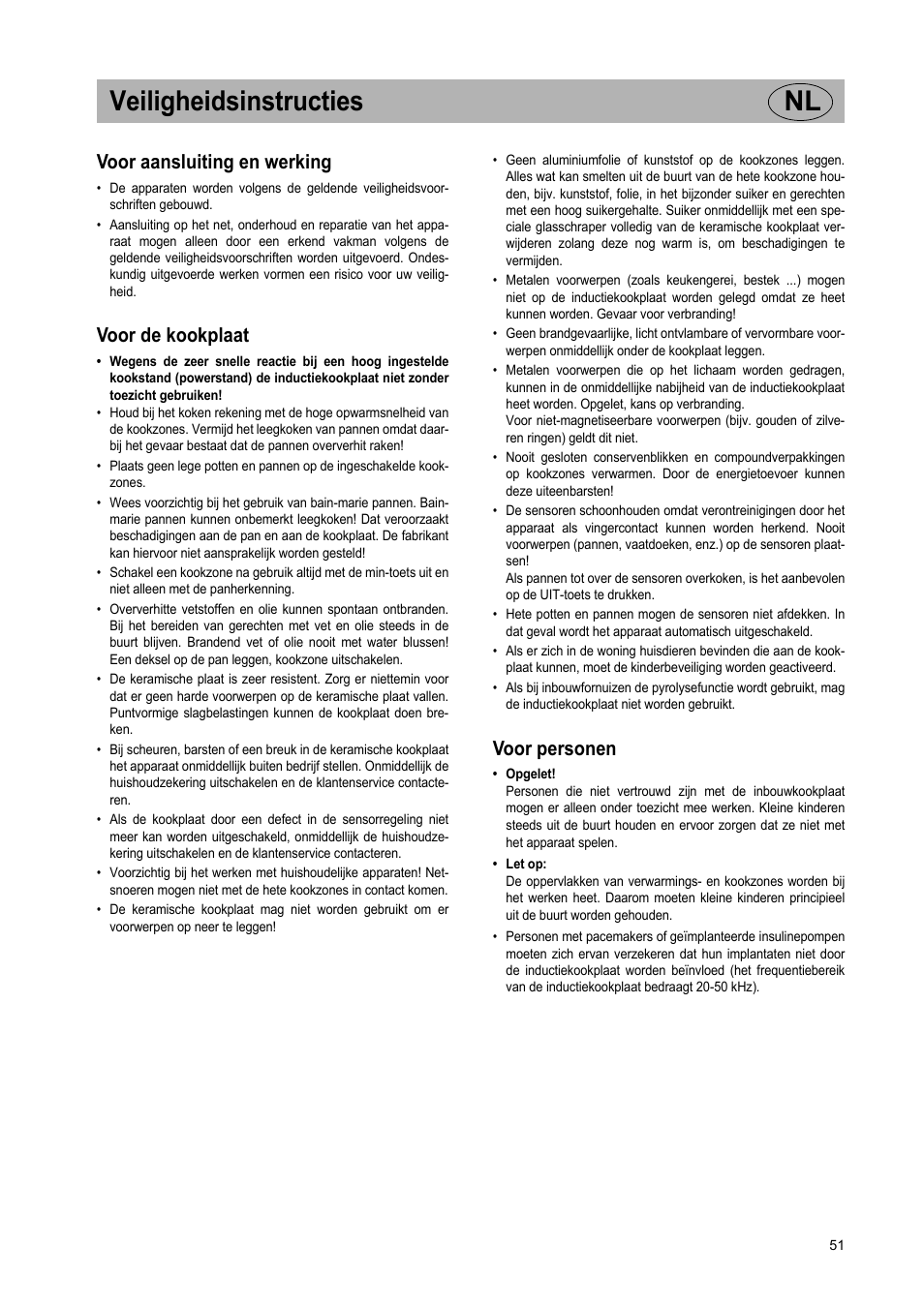 Veiligheidsinstructies nl, Voor aansluiting en werking, Voor de kookplaat | Voor personen | Teka GKST 95 N i4 Select User Manual | Page 51 / 113