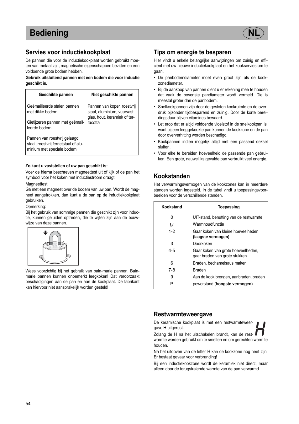Bediening nl, Servies voor inductiekookplaat, Tips om energie te besparen | Kookstanden, Restwarmteweergave | Teka GKST 95 N i4 Select User Manual | Page 54 / 113
