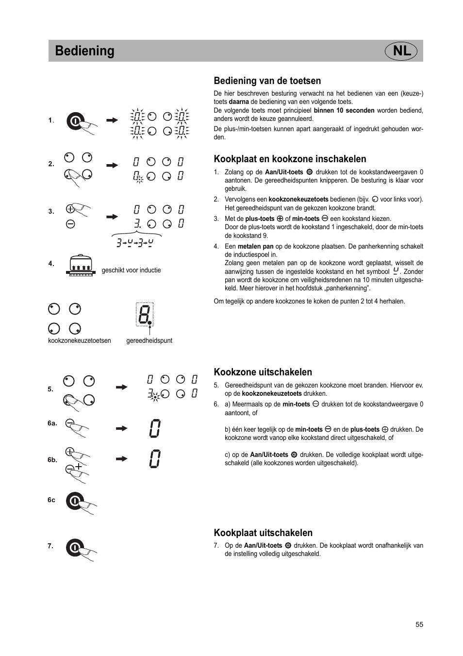 Bediening nl, Bediening van de toetsen, Kookplaat en kookzone inschakelen | Kookzone uitschakelen, Kookplaat uitschakelen | Teka GKST 95 N i4 Select User Manual | Page 55 / 113