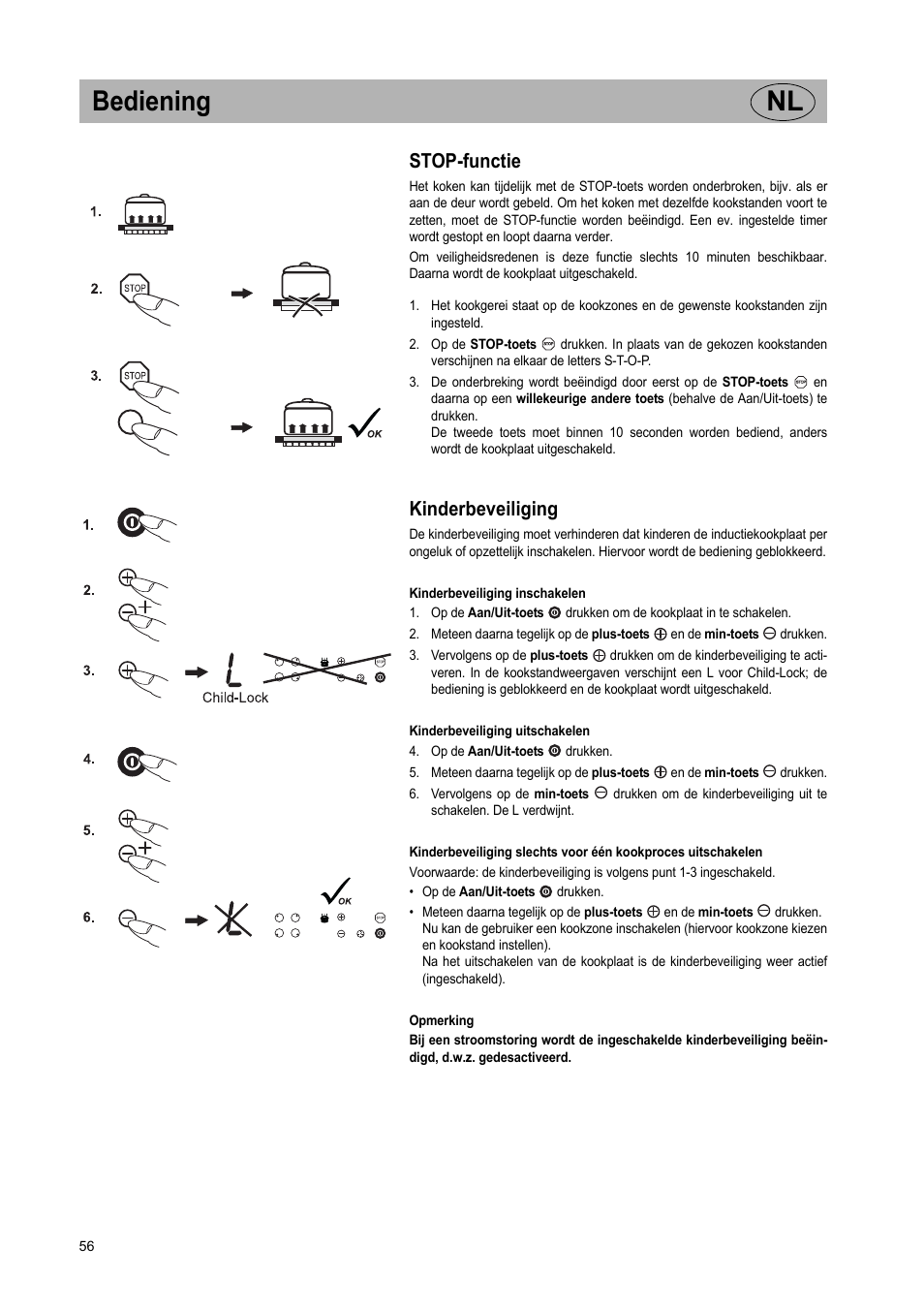 Bediening nl, Stop-functie, Kinderbeveiliging | Teka GKST 95 N i4 Select User Manual | Page 56 / 113