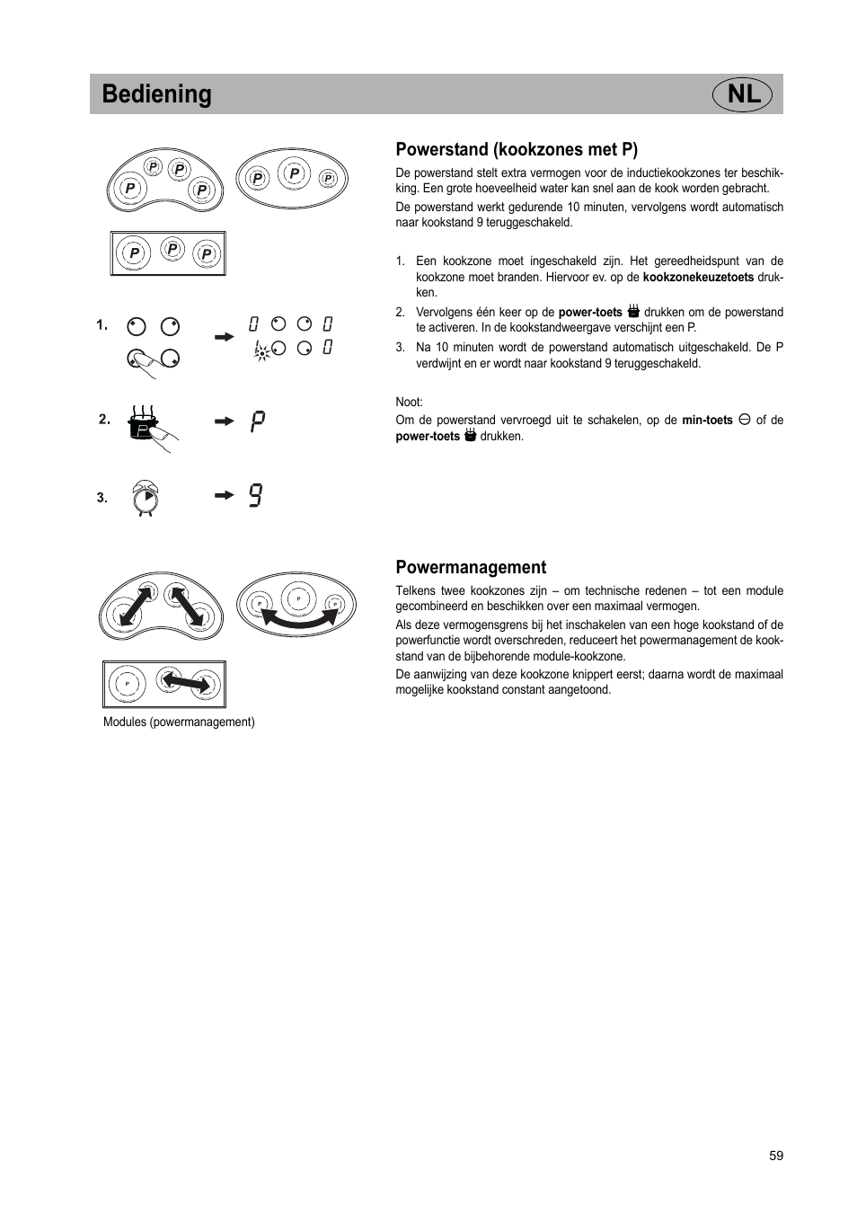 Bediening nl, Powerstand (kookzones met p), Powermanagement | Teka GKST 95 N i4 Select User Manual | Page 59 / 113