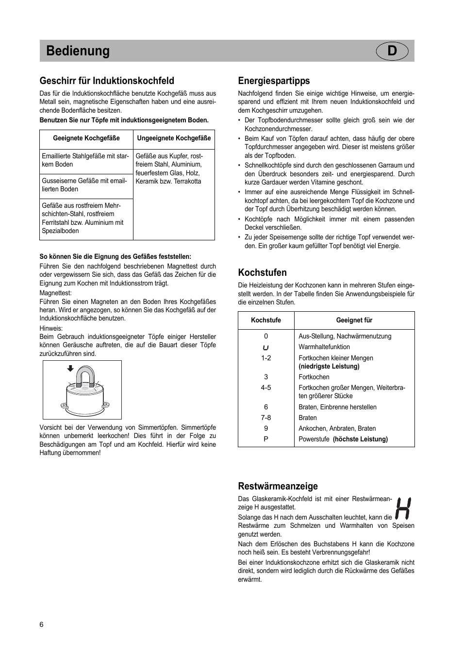 Bedienung d, Geschirr für induktionskochfeld, Energiespartipps | Kochstufen, Restwärmeanzeige | Teka GKST 95 N i4 Select User Manual | Page 6 / 113