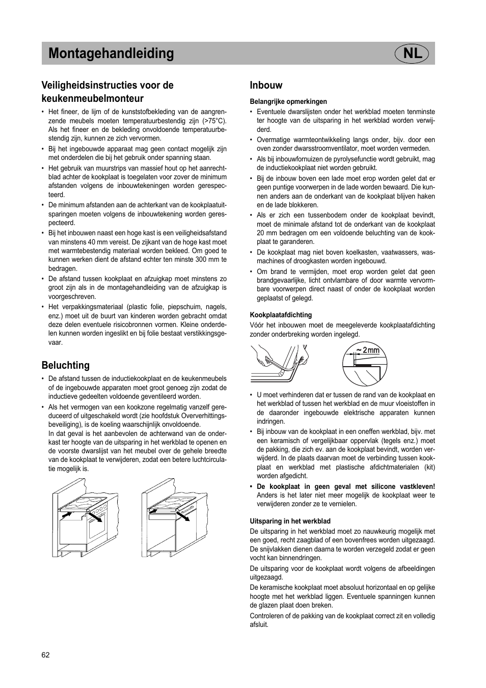 Montagehandleiding nl, Veiligheidsinstructies voor de keukenmeubelmonteur, Beluchting | Inbouw | Teka GKST 95 N i4 Select User Manual | Page 62 / 113