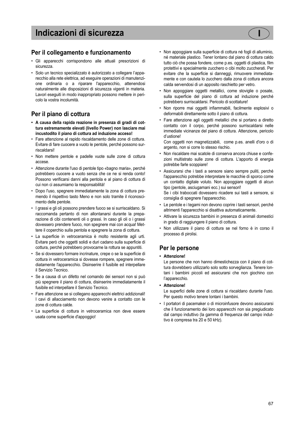 Indicazioni di sicurezza i, Per il collegamento e funzionamento, Per il piano di cottura | Per le persone | Teka GKST 95 N i4 Select User Manual | Page 67 / 113