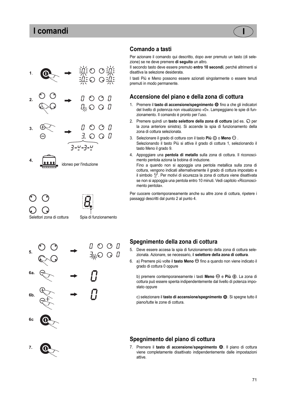 I comandi i, Comando a tasti, Accensione del piano e della zona di cottura | Spegnimento della zona di cottura, Spegnimento del piano di cottura | Teka GKST 95 N i4 Select User Manual | Page 71 / 113