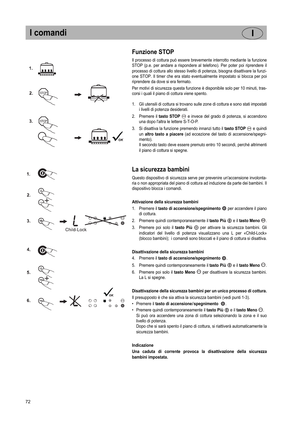 I comandi i, Funzione stop, La sicurezza bambini | Teka GKST 95 N i4 Select User Manual | Page 72 / 113