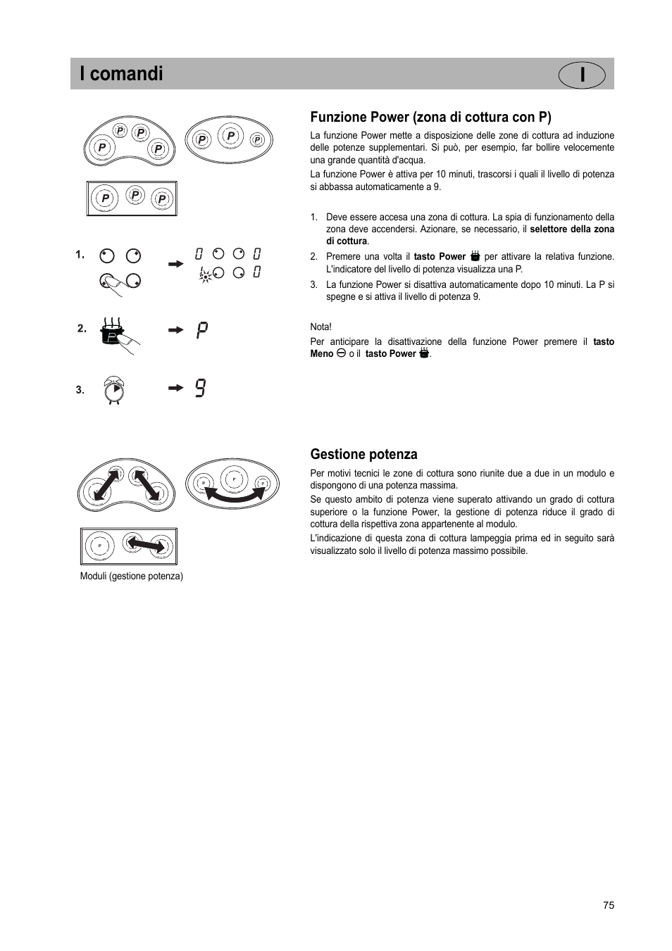 I comandi i, Funzione power (zona di cottura con p), Gestione potenza | Teka GKST 95 N i4 Select User Manual | Page 75 / 113