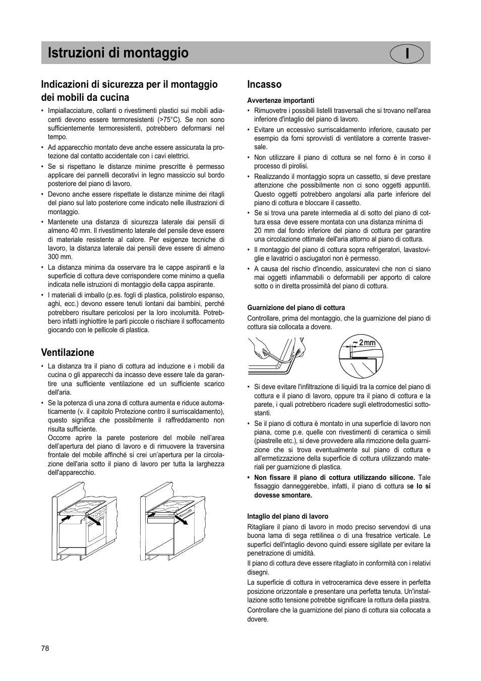 Istruzioni di montaggio i, Ventilazione, Incasso | Teka GKST 95 N i4 Select User Manual | Page 78 / 113