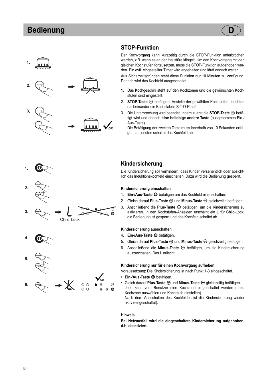 Bedienung d, Stop-funktion, Kindersicherung | Teka GKST 95 N i4 Select User Manual | Page 8 / 113