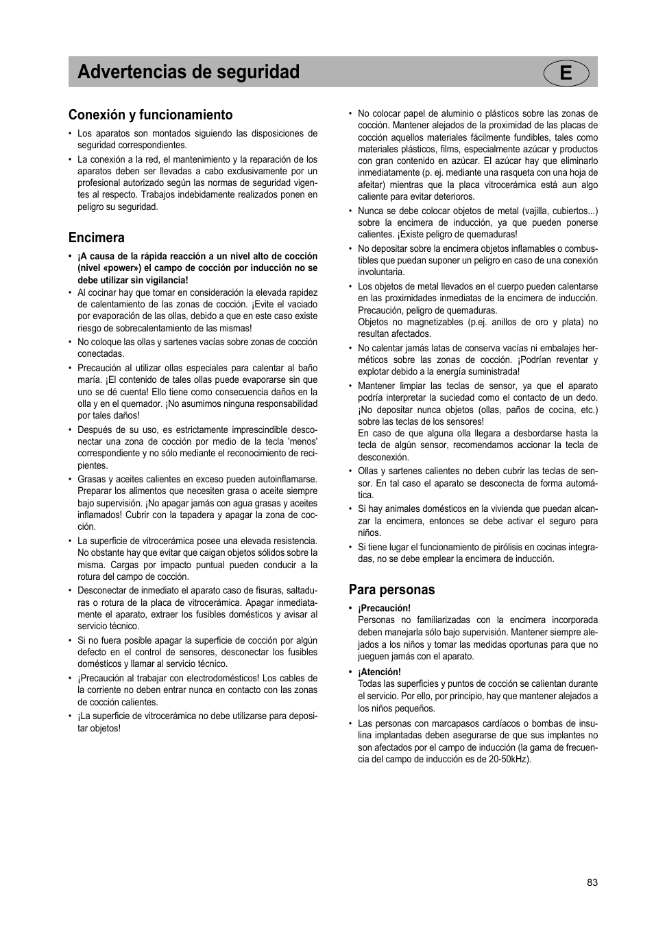 Advertencias de seguridad e, Conexión y funcionamiento, Encimera | Para personas | Teka GKST 95 N i4 Select User Manual | Page 83 / 113