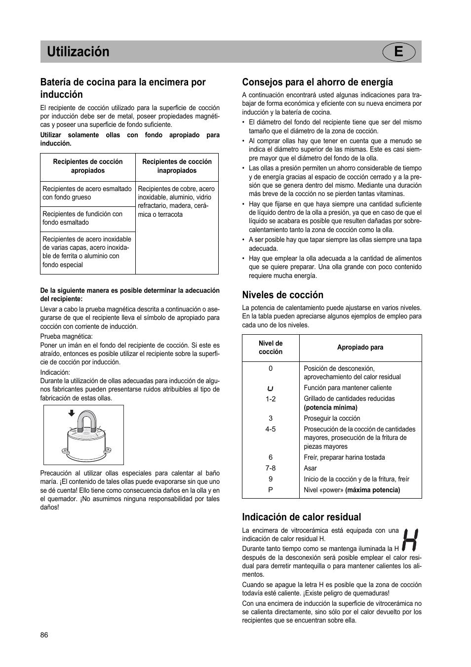 Utilización e, Batería de cocina para la encimera por inducción, Consejos para el ahorro de energía | Niveles de cocción, Indicación de calor residual | Teka GKST 95 N i4 Select User Manual | Page 86 / 113