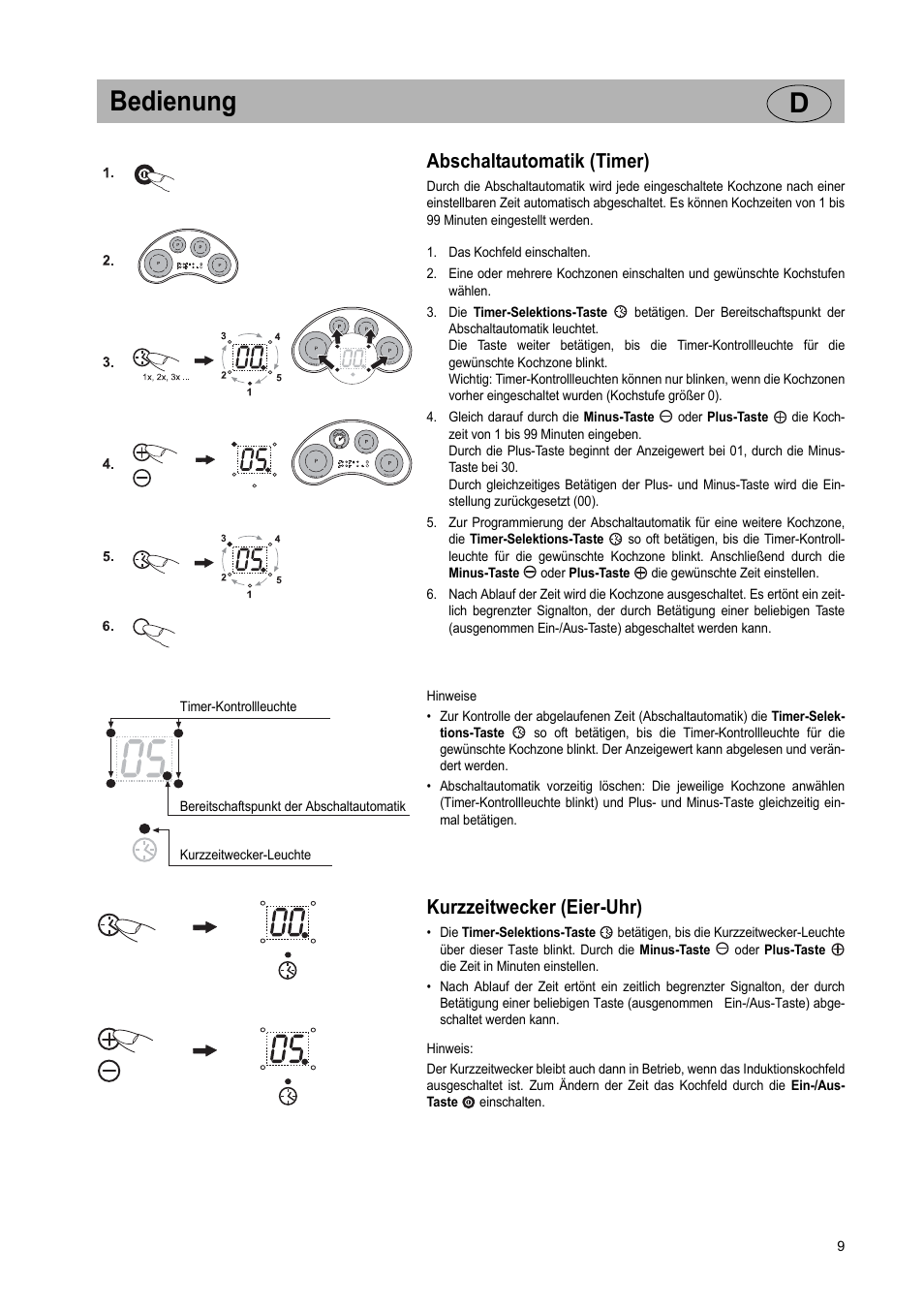 Bedienung d, Abschaltautomatik (timer), Kurzzeitwecker (eier-uhr) | Teka GKST 95 N i4 Select User Manual | Page 9 / 113