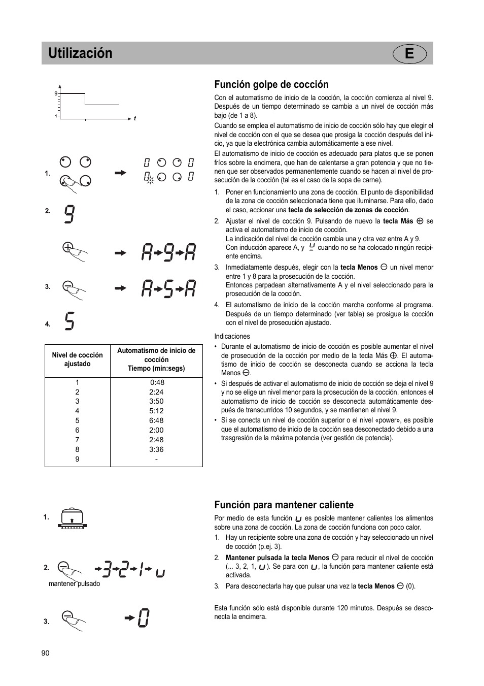 Utilización e, Función golpe de cocción, Función para mantener caliente | Teka GKST 95 N i4 Select User Manual | Page 90 / 113